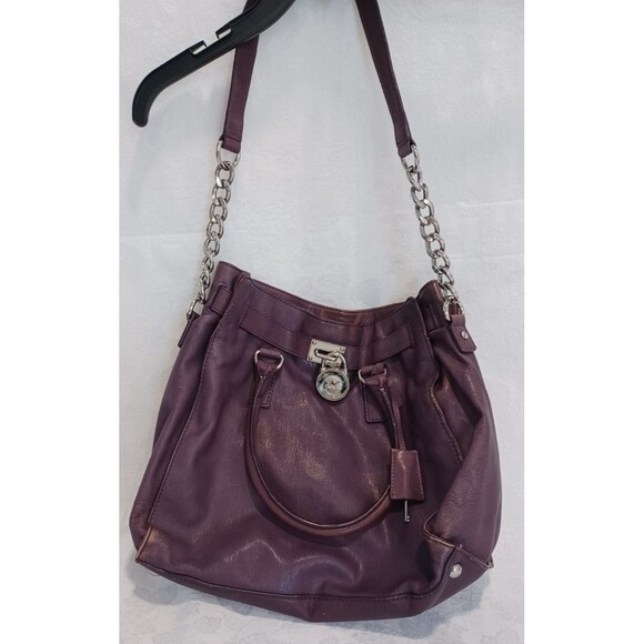 MICHAEL KORS PURPLE SAFFIANO LEATHER HAMILTON SATCHEL LARGE TOTE SHOULDER BAG - Picture 2 of 16